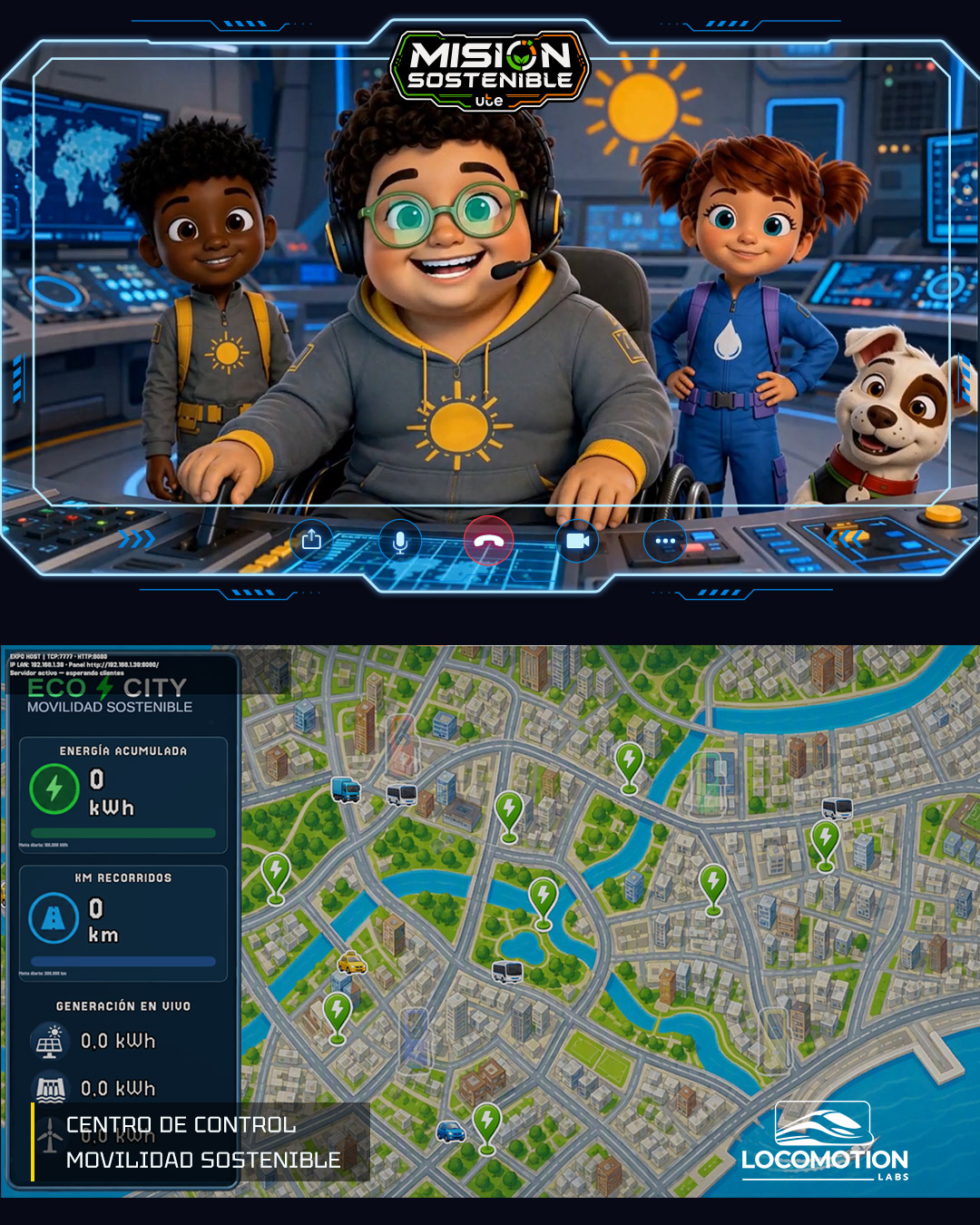 Videollamada con los personajes y el mapa de Eco City en el centro de control